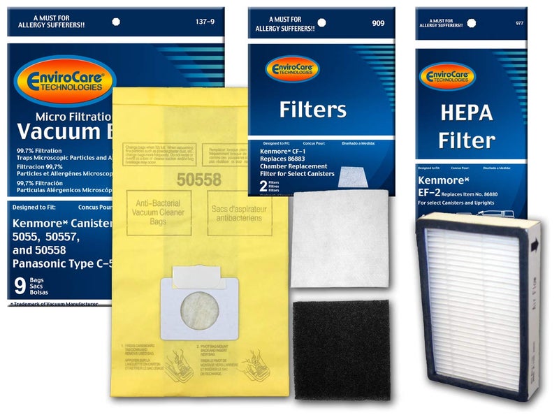 EnviroCare Replacement Vacuum Bags designed to fit Kenmore Canister Type C or Q 50555, 50558, 50557 and Panasonic Type C-5 9 Bags and 1 EF-2 HEPA Filter, and 2 CF-1 Filters - Image 1